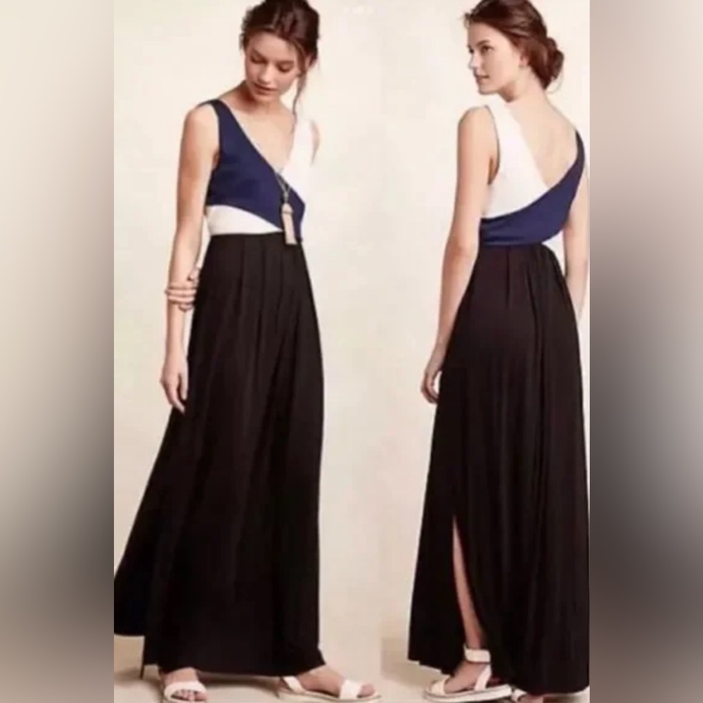 Anthropologie Maeve Elysian Colorblock Maxi Dress Size XXS in black, cream, navy